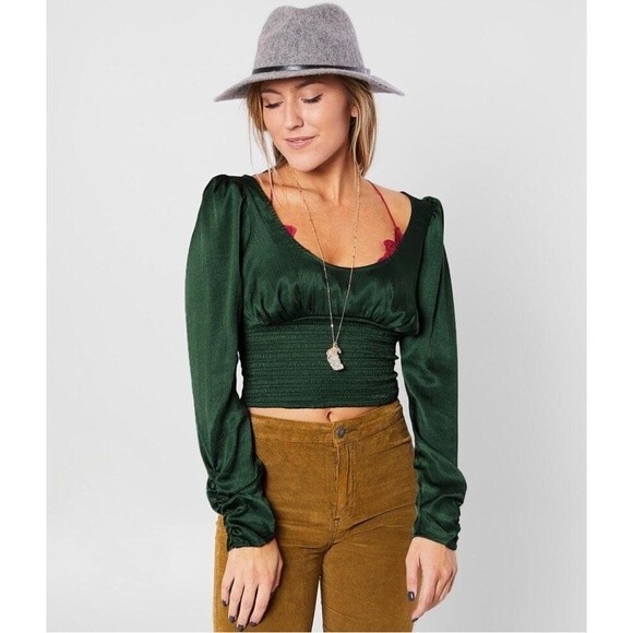 Free People Evergreen Santiago Satin Cropped Blouse Size Medium Sexy Chic - Picture 15 of 16